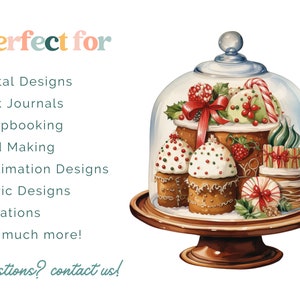 Op de afbeelding: Een glazen stolp staat op een taartstandaard en toont een verzameling gingerbreadkoekjes en taarten versierd met rood en groen glazuur, snoepstokken en hulst. De koekjes en taarten zijn op een feestelijke en fantasierijke manier gerangschikt, perfect voor een kerstfeest.