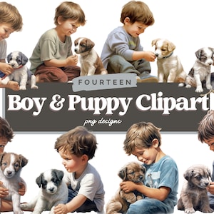 Aquarel jongen en puppy PNG clipart, puppy clipart, jongen clipart, schattige puppy PNG, afbeeldingen voor scrapbooking, journaling, commercieel gebruik