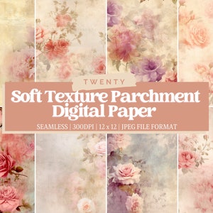 May include: Twenty digital paper designs featuring a soft, vintage parchment texture with pink and purple floral patterns. The papers are seamless, 300 DPI, and 12 inches by 12 inches.