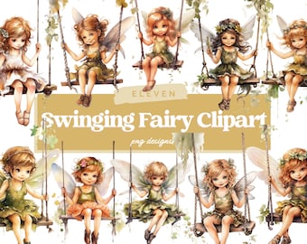 Watercolor Swinging Fairy Clipart - Fantasy PNG Digital Image Downloads for Card Making, Scrapbook, Junk Journal, Paper Crafts