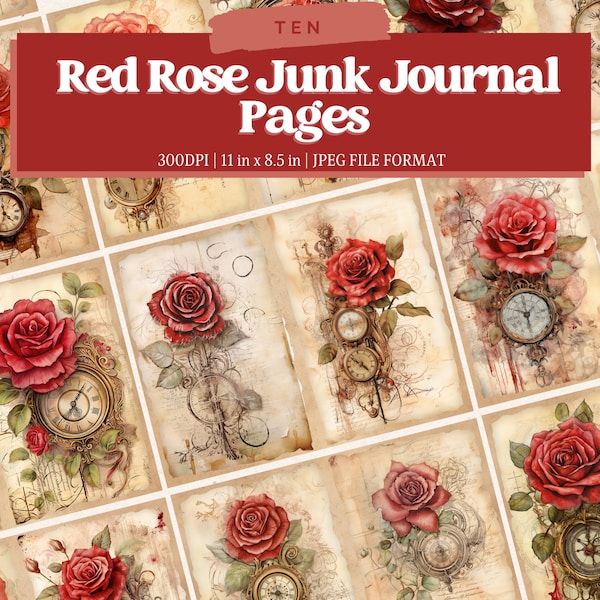 Red Roses Botanicals Junk Journal Pages, Digital Download, Scrap Book, Printable, Vintage Junk Journal Digi Kit, Journal, Gothic, Steampunk