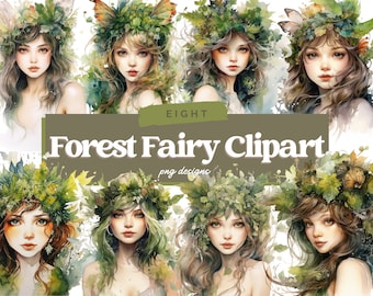 Watercolor Forest Fairy Clipart - Fantasy PNG Digital Image Downloads for Card Making, Scrapbook, Junk Journal, Paper Crafts