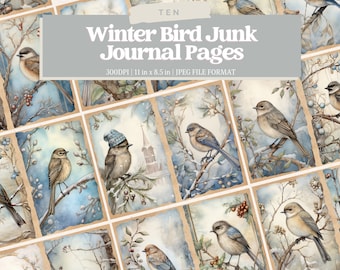 May include: Ten digital printable journal pages featuring watercolor illustrations of winter birds on branches with berries and snow. The pages are 11 inches by 8.5 inches and 300 DPI.