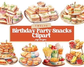 Birthday Food Clipart, Party Clipart, Happy Birthday PNG, Balloons clipart, Birthday party, Watercolor clipart, Commercial Use