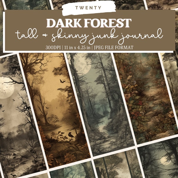 Enchanted Forest Junk Journal Pages, Printable Collage Sheet, Dark Woodland Kit, Vintage Ephemera, Tall Skinny Junk Journal Digital Paper