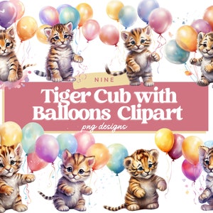 Watercolor Tiger Cub with Balloons Clipart, Tiger PNG, Tiger Cub Clipart, Animal Clipart, Digital Clipart PNG, Junk Journal, Scrapbooking