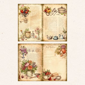 May include: Four pages of a vintage recipe journal with hand-drawn illustrations of kitchen items and floral arrangements. The pages are filled with handwritten text and decorative flourishes.