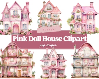 Watercolor Pink Doll House Clipart, Doll House PNG, Sublimation, Nursery Clipart, Commercial Use, Instant Download, Scrapbooking, Journaling