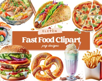 Fast food clipart, Watercolor fast food illustration, Hamburger, cheeseburger, hotdog, popcorn, pizza, sticker design, POD clipart