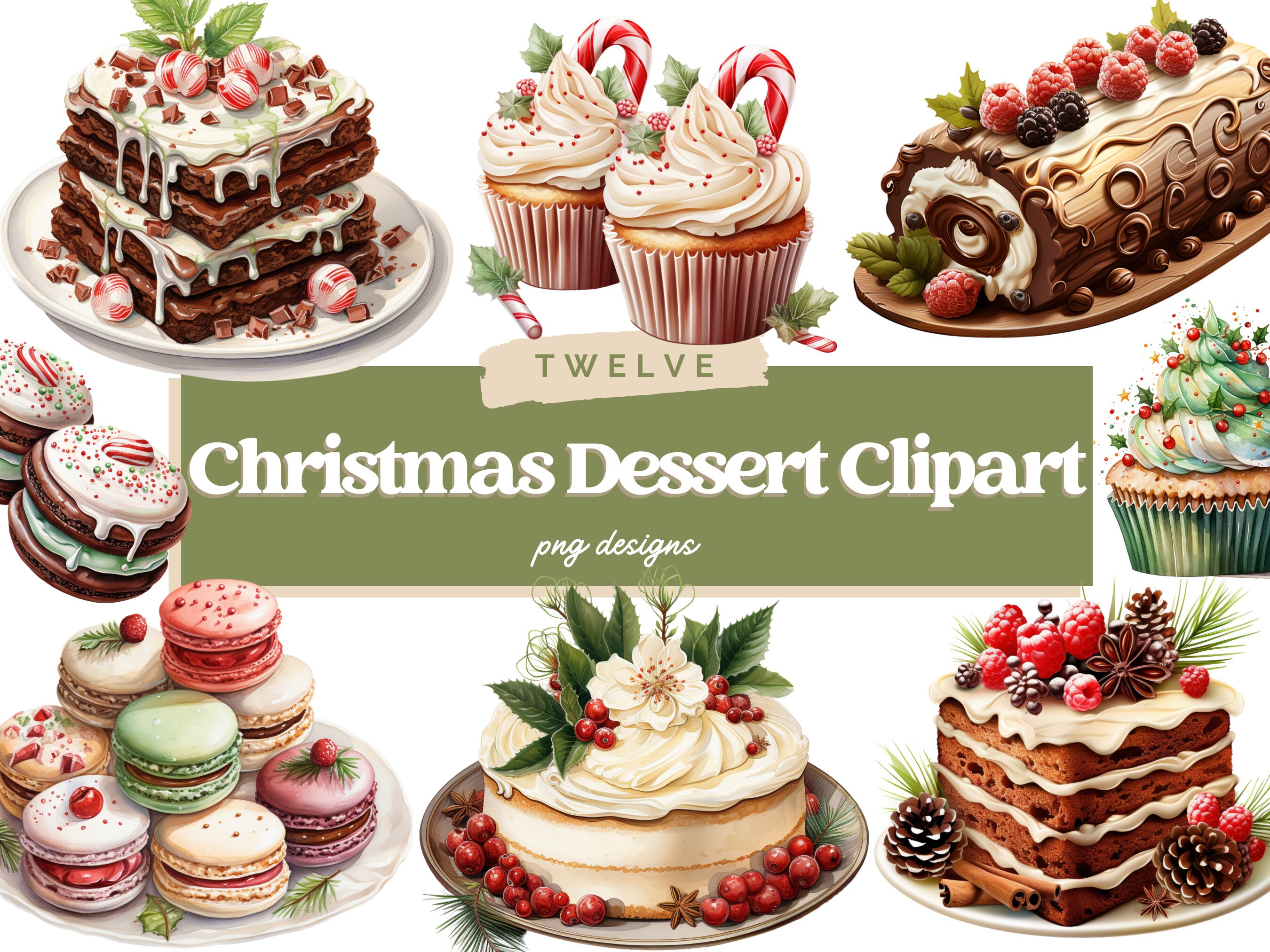 Watercolor Christmas Dessert Clipart, Dessert PNG Bundle, Kawaii Food Clipart, Junk Journal, Digital Paper Craft, Sublimation, Christmas PNG