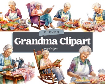 Watercolor Grandma Clipart Bundle, Grandma PNG, Nana, Cooking, Knitting, Sewing, Paper craft, Junk Journal Scrapbooking, Transparent PNG