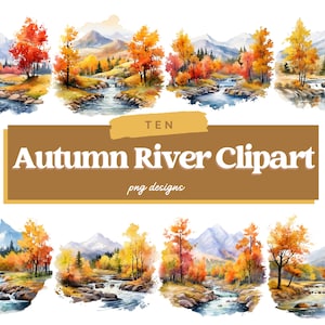Autumn River Clipart, PNG, Watercolor Autumn River, Commercial Use, Landscape PNG, Autumn Scene, Digital Elements, Autumn Tree Clipart
