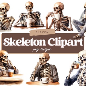 May include: Eleven watercolor illustrations of skeletons drinking coffee or tea. The skeletons are wearing various clothing, including a blue jacket, a brown sweater, and a hat. The illustrations are in a cartoon style and are perfect for adding a touch of humor to your projects.