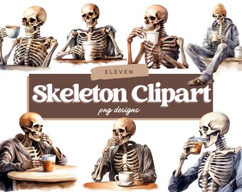 May include: Eleven watercolor illustrations of skeletons drinking coffee or tea. The skeletons are wearing various clothing, including a blue jacket, a brown sweater, and a hat. The illustrations are in a cartoon style and are perfect for adding a touch of humor to your projects.