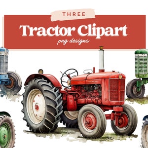 May include: Three watercolour illustrations of vintage tractors. A red tractor, a green tractor, and a blue tractor.