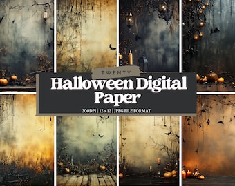 May include: A set of four digital Halloween background papers featuring a spooky forest scene with dripping paint, bats, candles, and pumpkins. The papers are 300 DPI and 12x12 inches in size.