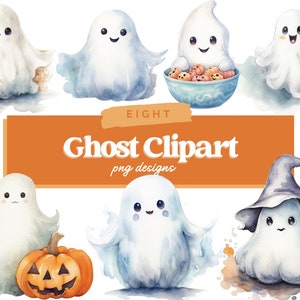 Cute Ghost Clipart, Watercolor Halloween PNG, Spooky Collage Images, Junk Journal Clipart Bundle, Digital Planner, Paper Craft