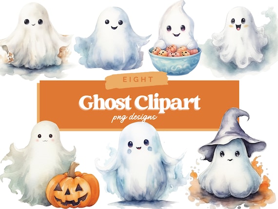 Cute Ghost Clipart, Watercolor Halloween PNG, Spooky Collage Images, Junk Journal Clipart Bundle, Digital Planner, Paper Craft