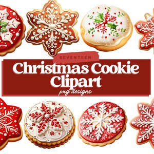 May include: Seventeen Christmas Cookie Clipart png designs. A set of seven Christmas cookies with various designs, including snowflakes, holly, and gingerbread men. The cookies are decorated with red, white, and green icing.