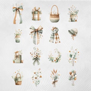 May include: Watercolor illustrations of various decorative items, including gift boxes, bows, baskets, floral arrangements, a scarf, and a hat. The color palette features soft greens, browns, and creams, creating a rustic and elegant aesthetic. Perfect for crafting or design projects.