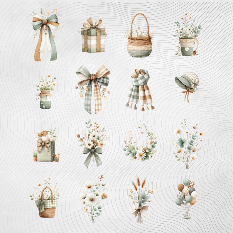 May include: Watercolor illustrations of various decorative items, including gift boxes, bows, baskets, floral arrangements, a scarf, and a hat. The color palette features soft greens, browns, and creams, creating a rustic and elegant aesthetic. Perfect for crafting or design projects.