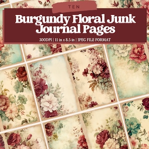 Pagine di diario spazzatura con fiori bordeaux, kit di diario spazzatura di fiori vintage, carta stampabile diario spazzatura, foglio di collage digitale, download istantaneo