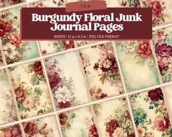 Burgundy Florals Junk Journal Pages, Vintage Flower Junk Journal Kit, Junk Journal Printable Paper, Digital Collage Sheet, Instant Download
