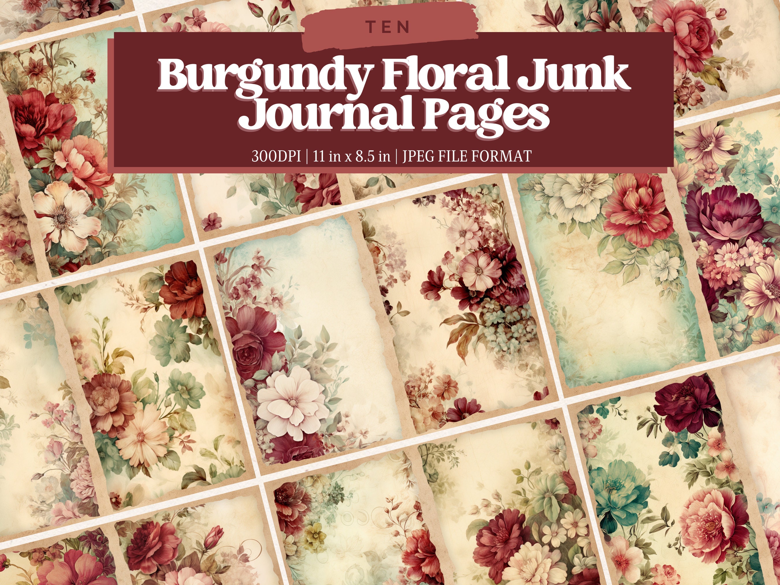Burgundy Florals Junk Journal Pages, Vintage Flower Junk Journal Kit ...