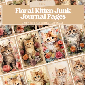 Watercolor Kitten Junk Journal Printable Page, Cat With Flowers Junk Journal Kit, Junk Journal Paper Digital Collage Sheet, Instant Download