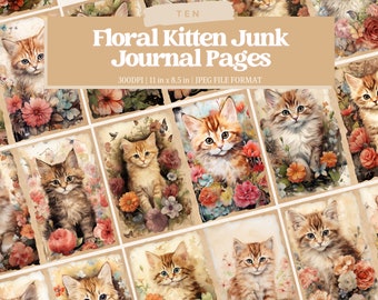 Watercolor Kitten Junk Journal Printable Page, Cat With Flowers Junk Journal Kit, Junk Journal Paper Digital Collage Sheet, Instant Download