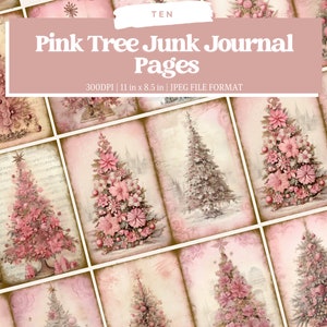 Page de journal indésirable sapin de Noël rose, pages de journal indésirable joyeux Noël vintage, papier imprimable journal indésirable père Noël scène, collage numérique