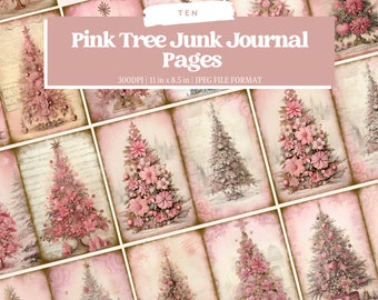 Pink Christmas Tree junk journal page, Vintage Merry Christmas Junk Journal Pages, Santa Scene Junk Journal Printable Paper, Digital Collage
