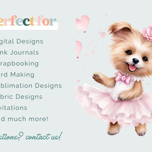 May include: A watercolor illustration of a cute dog wearing a pink tutu and a pink bow. The dog is holding a pink balloon and has a pink flower in its hair. The background is a light blue color with pink hearts.
