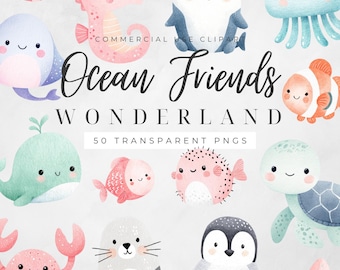 Watercolor Undersea Clipart, Cute Fish PNG, Sea Animals, Nursery Decor, Cute Ocean Animals, Baby Shower, Shark, Dolphin, Commercial Use
