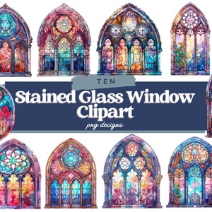 May include: Ten stained glass window clipart designs in various colors and patterns. The windows are in a gothic style with pointed arches and intricate details. The designs include floral motifs, geometric shapes, and abstract patterns.