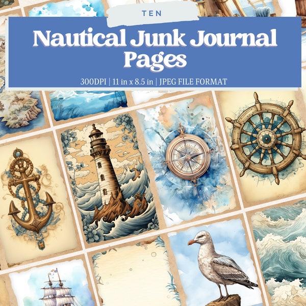 Vintage Nautical Junk Journal Pages, Digital Scrapbook Paper Kit, Printable Collage Sheet, Sea Ephemera, Shabby Chic Beach, Marine Download