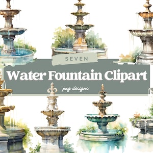 Watercolor Water Fountain Clipart Bundle, PNG, Commercial Use, Water Fountain Sublimation, Water Fountain Graphics, Digital Download