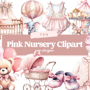 Paquete de imágenes prediseñadas de oso de peluche de acuarela, imágenes prediseñadas de niña, baby shower, diseño de guardería, lindo - PNG, fondo transparente, uso comercial