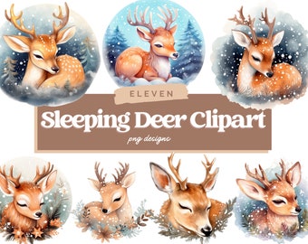 Aquarelle Sleeping Deer Clipart, Deer PNG, Aquarelle Christmas Deer PNG, Clipart de renne, Téléchargement instantané, Utilisation commerciale, Sublimation