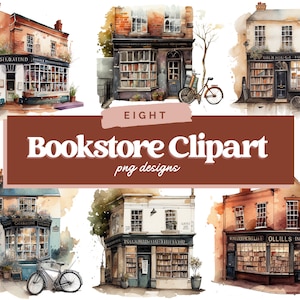 Bookstore Clipart Bundle, book shop , watercolour shop illustration, cute bookstore, cozy ,trend png, commercial use, scrapbooking