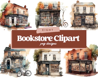 May include: Eight watercolor illustrations of vintage bookstores with bicycles in front of them. Each storefront has a unique name and signage. The illustrations are in a soft, muted color palette.