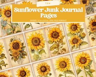 May include: Ten digital printable pages featuring watercolor illustrations of sunflowers on a vintage background. The pages are 11 inches by 8.5 inches and 300 DPI.  The text "Sunflower Junk Journal Pages" is at the top of the image.