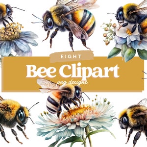 May include: Eight watercolour illustrations of bumblebees with black and yellow stripes, furry bodies, and translucent wings. The bees are depicted on a white background with flowers and leaves.