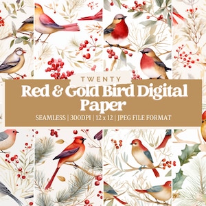 Rote und goldene Vögel Digitales Papier, nahtloses Design, Web Hintergrund, Kraftpapier, kommerzielle Nutzung, Weihnachten PNG, Digitales Papier Bundle