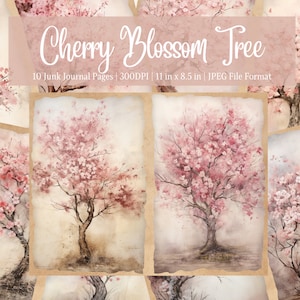 Kirschblüten Junk Journal Seiten, digitales Scrapbook Papier Kit, druckbar, Collage Sheet, Vintage Ephemera, beunruhigter Baum, Hintergrund