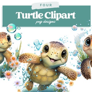 Imágenes Prediseñadas de acuarela de tortuga marina bebé, gráficos lindos de la ducha del bebé, arte de la pared de la decoración del cuarto de niños, Animal del zoológico del océano PNG