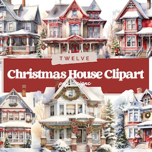 Watercolor Christmas House Clipart - Cozy Christmas House Clipart, Cottagecore Clipart, Christmas Cottage House Clipart, Christmas Clipart