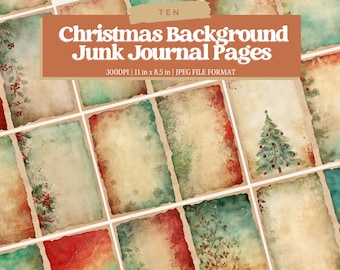 Op de afbeelding: Tien kerstachtergrondpagina's voor junk journals. De pagina's zijn 11 inch bij 8,5 inch en hebben een vintage, verweerde uitstraling met aquarelelementen en een kerstthema.