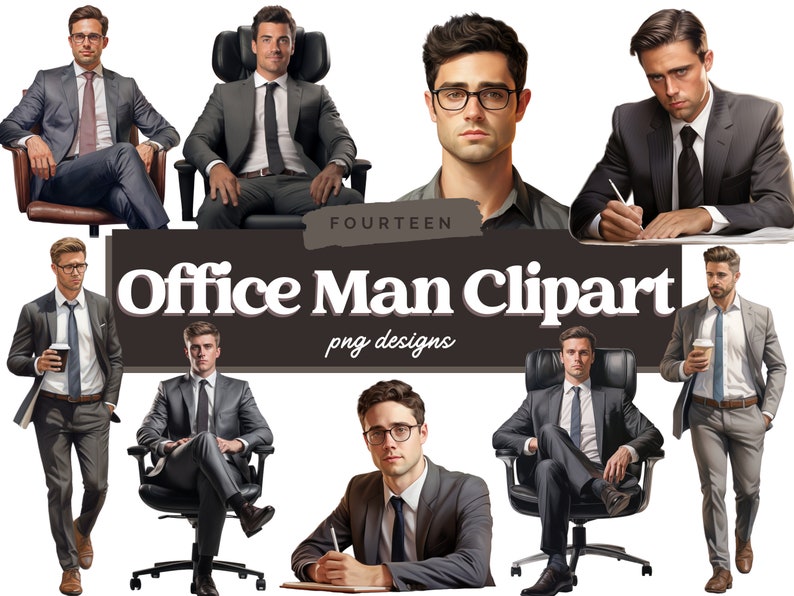 May include: Fourteen office man clipart png designs. The images feature men in suits, some sitting in chairs, some standing, and some writing at a desk. The images are in a cartoon style.