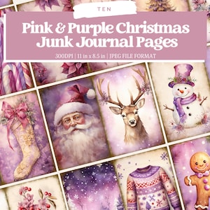 Pink And Purple Christmas Junk Journal Pages, Purple Christmas Junk Journal kit Mixed Media, digital papers, printable journal pages